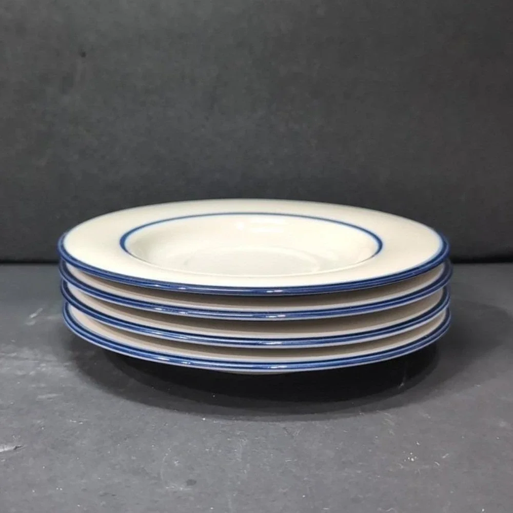 Permastone Stoneware Saucers, Set‎ of 4, Vintage White Plates With Blue Trim